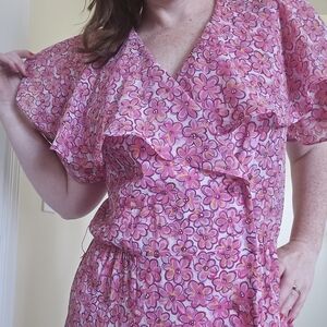 Vintage MS Chaus Floral Ruffle Pink Wrap Dress Medium Large